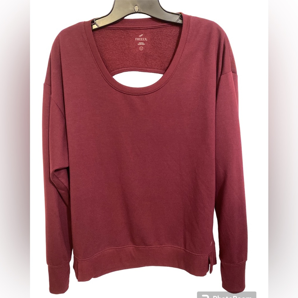 Freely Scoop Neck Women Long Sleeve Cut Out Back Fleece Burgundy Academy sz L